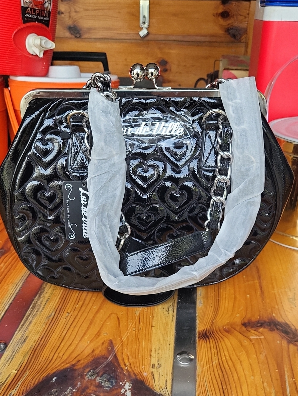 Patent Heart-Embossed Black Shoulder Bag
